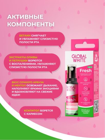 Освежающий спрей для полости рта со вкусом арбуза Global White Fresh 15  мл