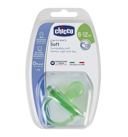 Пустышка силиконовая зеленая 6-12мес Chicco Physio Soft 1  шт