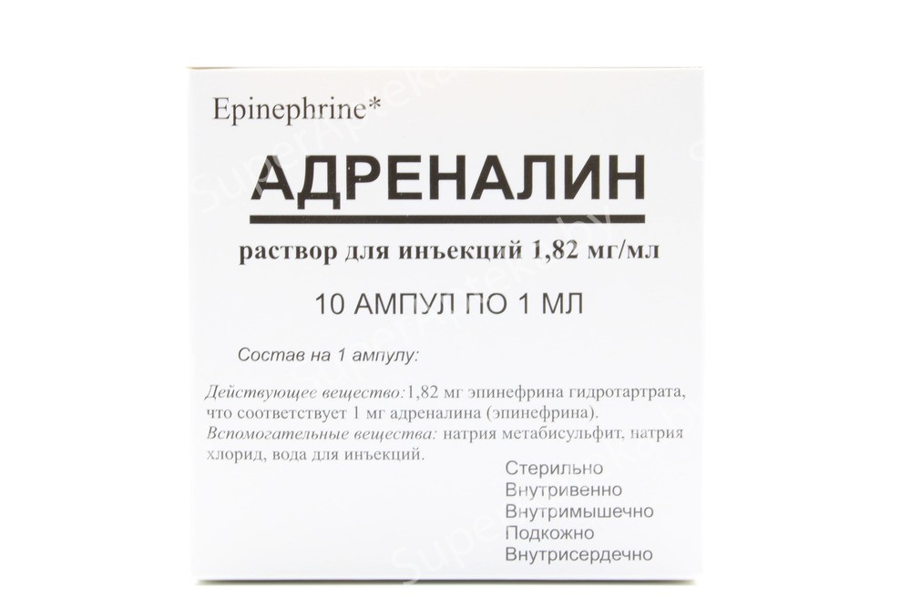 Адреналин раство для инъекций 1,82мг/мл ампулы 1мл N10