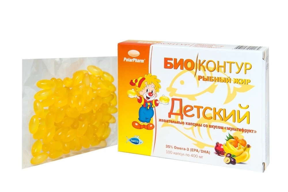 Рыбный жир БиоКонтур детский со вкусом мультифрукт капсулы жевательные 400мг N100 БиоКонтур