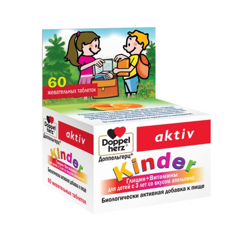 Доппельгерц Kinder Глицин+Витамины со вкусом апельсина для детей с 3 лет жевательные таблетки N60 Doppelherz Aktiv