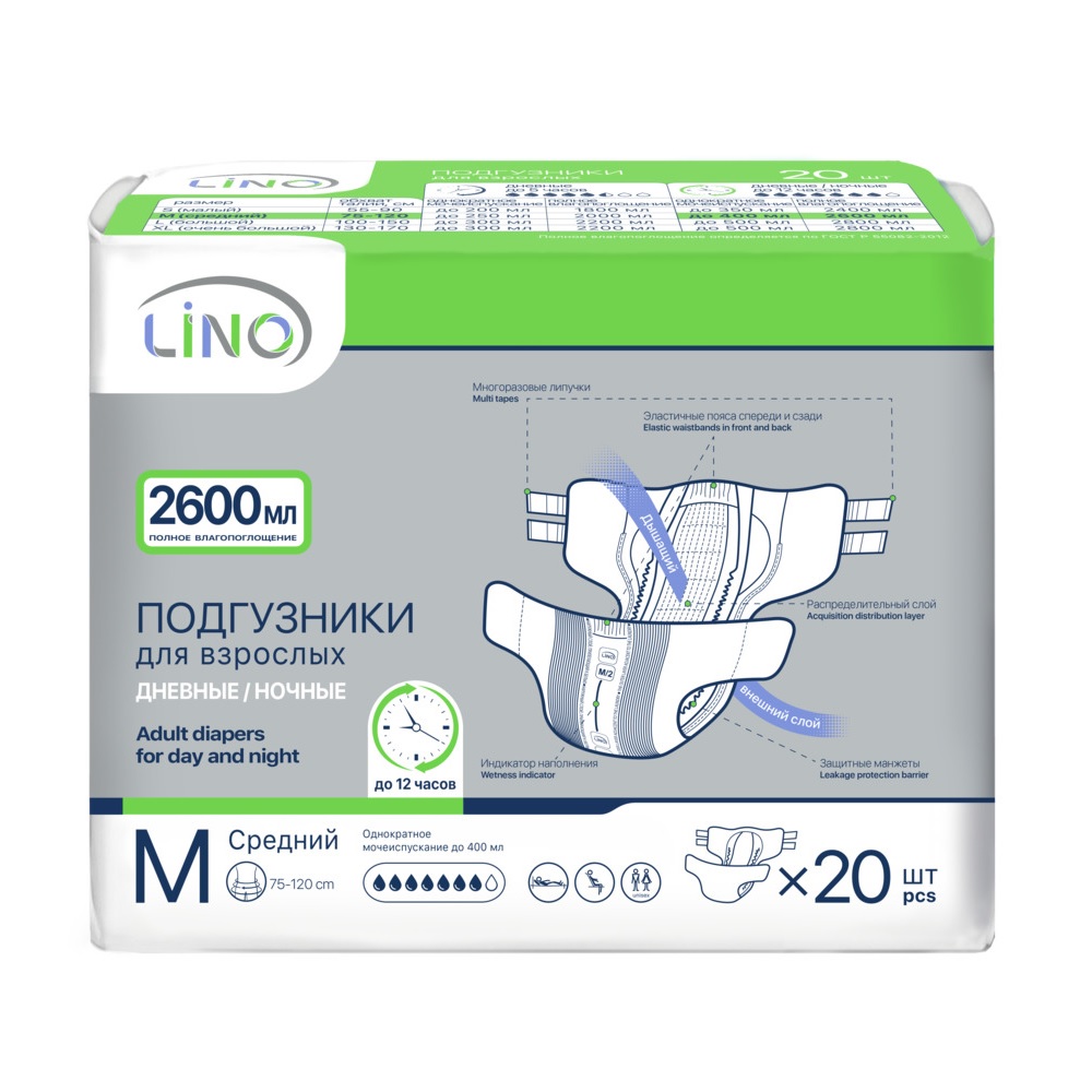 Подгузники для взрослых M (Medium)2600мл дневные/ночные Lino 20  шт Подгузники для взрослых M (Medium)2600мл дневные/ночные Lino 20  шт