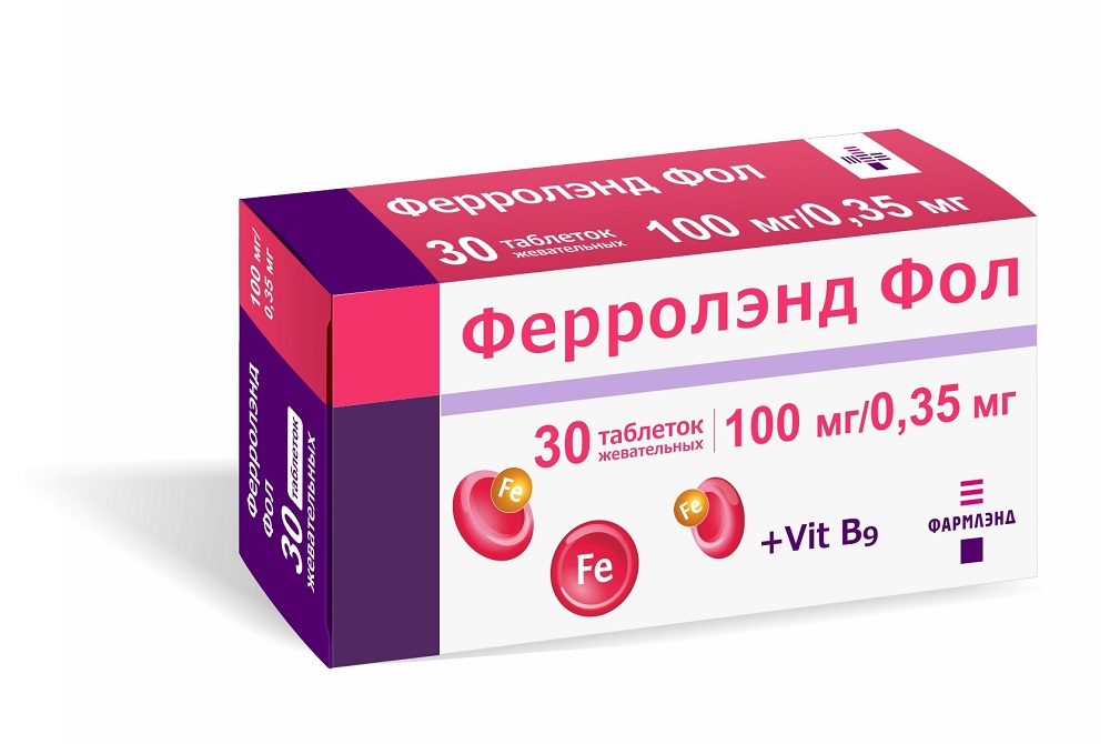 Ферролэнд Фол табетки жевательные 100мг+0,35мг в конт.яч.уп.N10*3